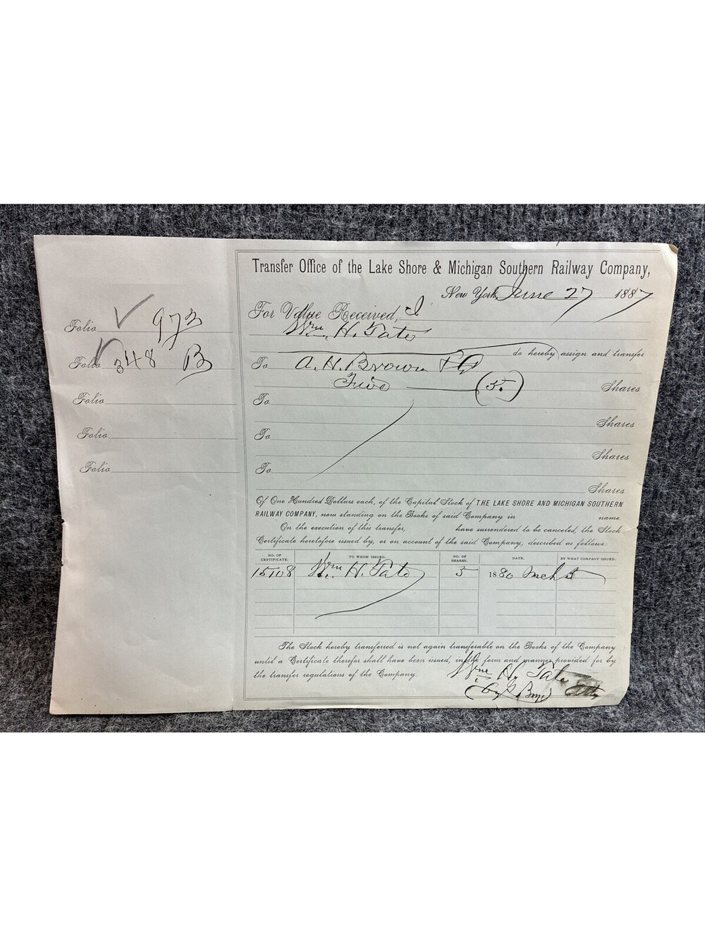 Antique 1887 lake Shore Michigan Southern Railway Stock Transfer Document LS MS